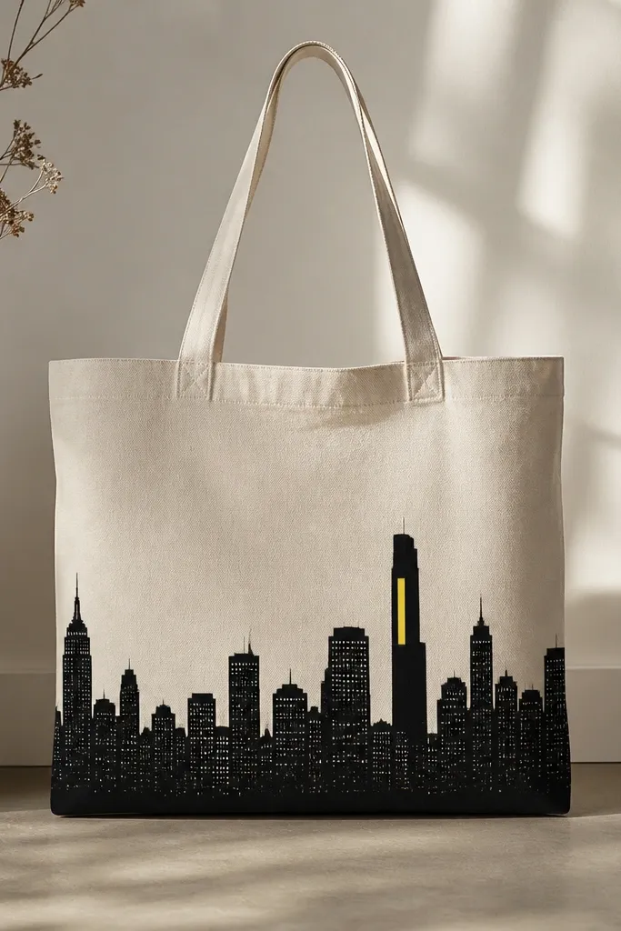 A tote with an ink black skyline across the bottom third. Most windows are tiny dots, and one tall building has a single bright yellow spotlight rectangle.