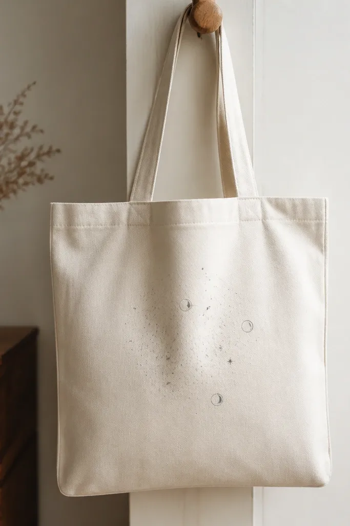 A tote with a small star map cluster near the center. It has faint gray dots, a few larger white stars, and three tiny moons outlined in silver-gray, with coordinate text in black.