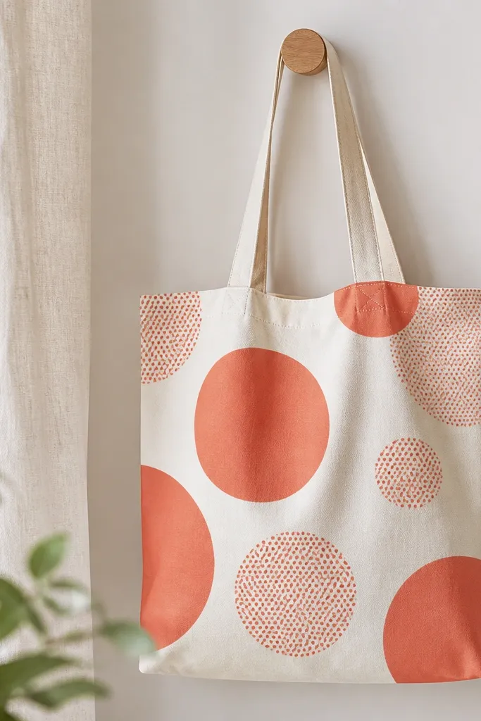 A tote with oversized circles in two sizes. One set is solid coral, the other set is created from small dots in coral and off-white, giving a half-tone look.