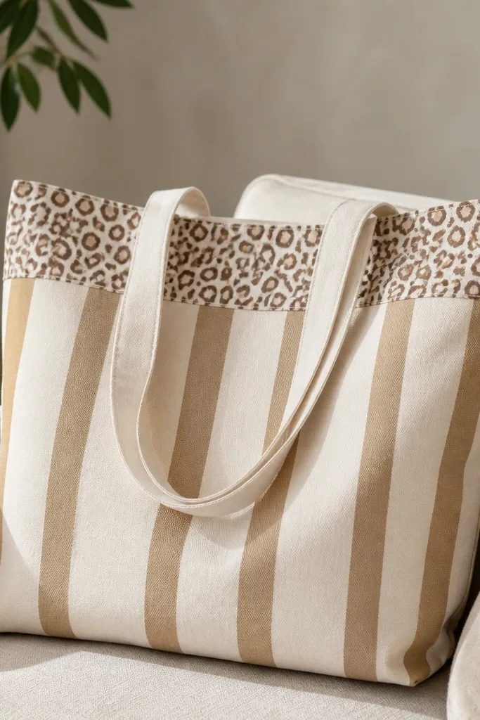 A tote with vertical tan stripes across the middle. At the top edge of the painted area, there's a leopard print cuff pattern in brown and cream.