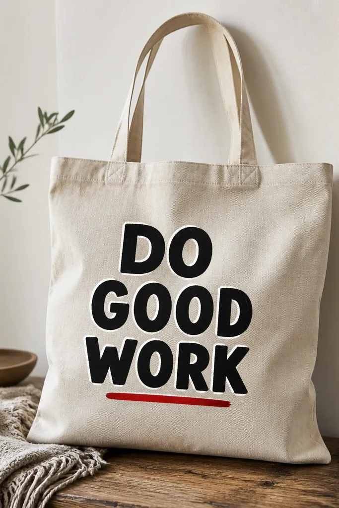 A tote with a centered quote painted in thick block letters. The letters are black with a thin white outline, and the baseline has a small red underline.