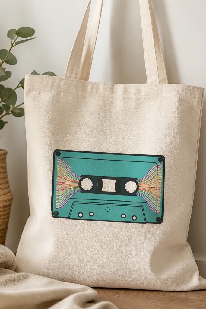 A tote with a cassette tape graphic centered. The cassette is outlined in black with teal body, and the speaker area has rainbow wave lines radiating outward.