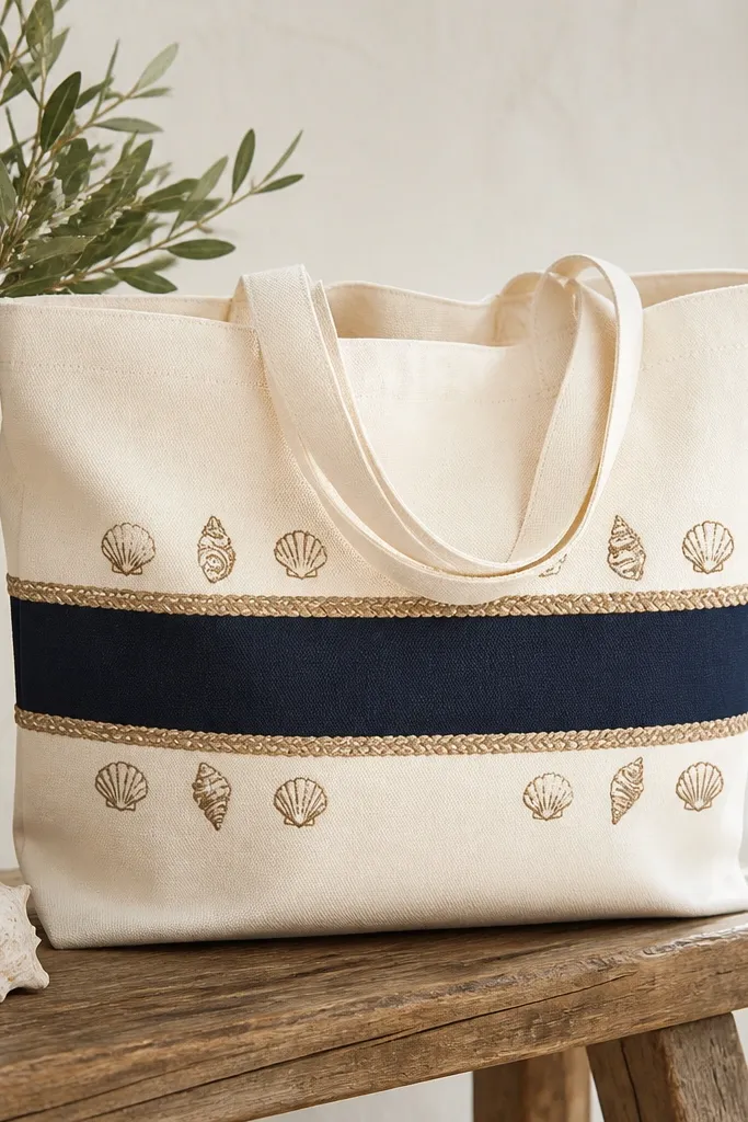 A tote with a navy horizontal stripe across the middle. Around the stripe is a rope-like border drawn in tan, and small shell doodles sit above and below the stripe.