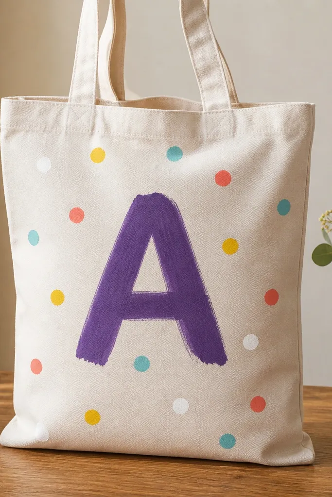 A tote with a single large letter painted in deep purple. Around it are scattered confetti dots in bright yellow, teal, coral, and white, with no other graphics.