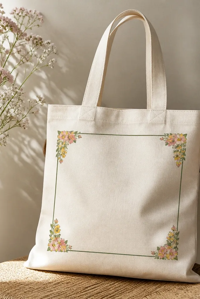 A tote with a thin rectangle frame drawn in dark green. The corners are filled with small flowers in pink and yellow, and the center area stays blank.