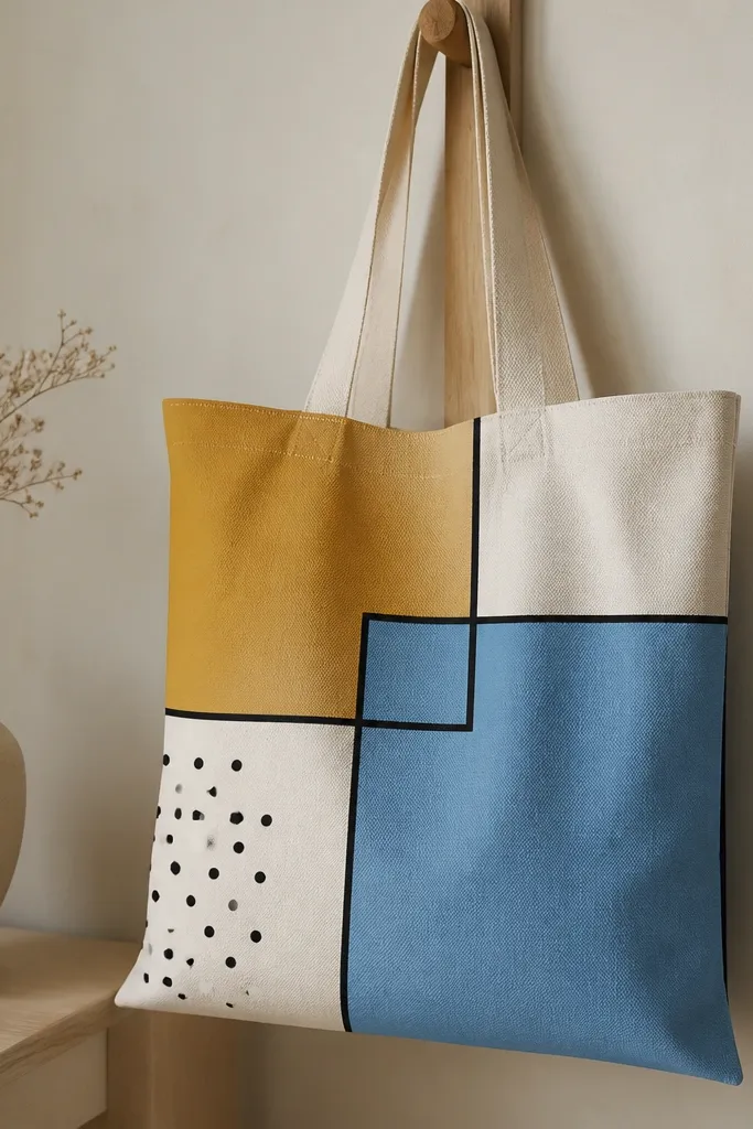 A tote with overlapping blocks: mustard yellow, cream, and sky blue. Thick black lines outline each block, and small black dots decorate one corner.