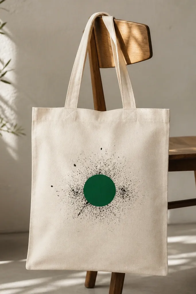 A tote with a mostly blank front. There's one solid emerald circle centered, surrounded by small black ink-like splatters fading outward.