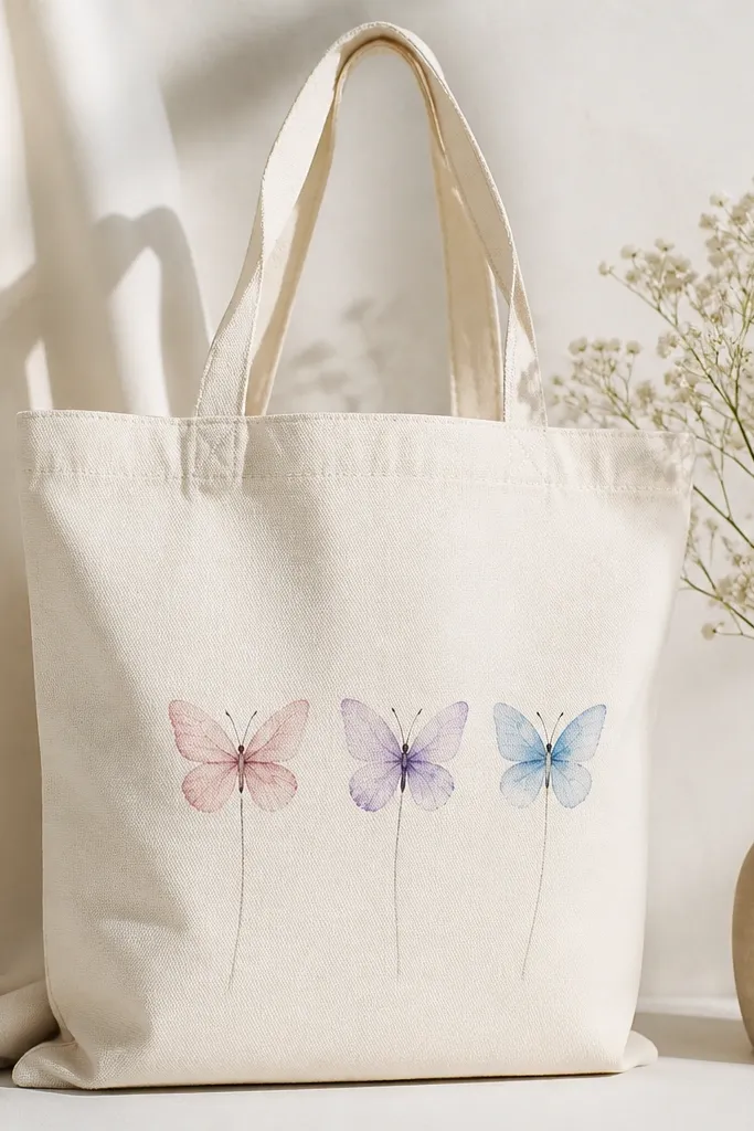 A tote with three small watercolor butterflies in pale pink, lavender, and sky blue. Each butterfly has a faint stem line beneath it, and the rest of the bag is clean.