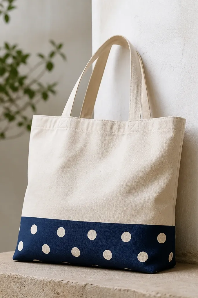 A tote with a thick stripe band along the bottom. The stripe is painted in navy and dotted with off-white polka circles at regular spacing.