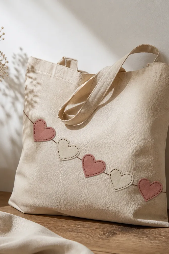 A tote with a garland of small hearts hanging diagonally. Hearts alternate between dusty rose and cream, and each heart has a stitched outline drawn in dark brown.