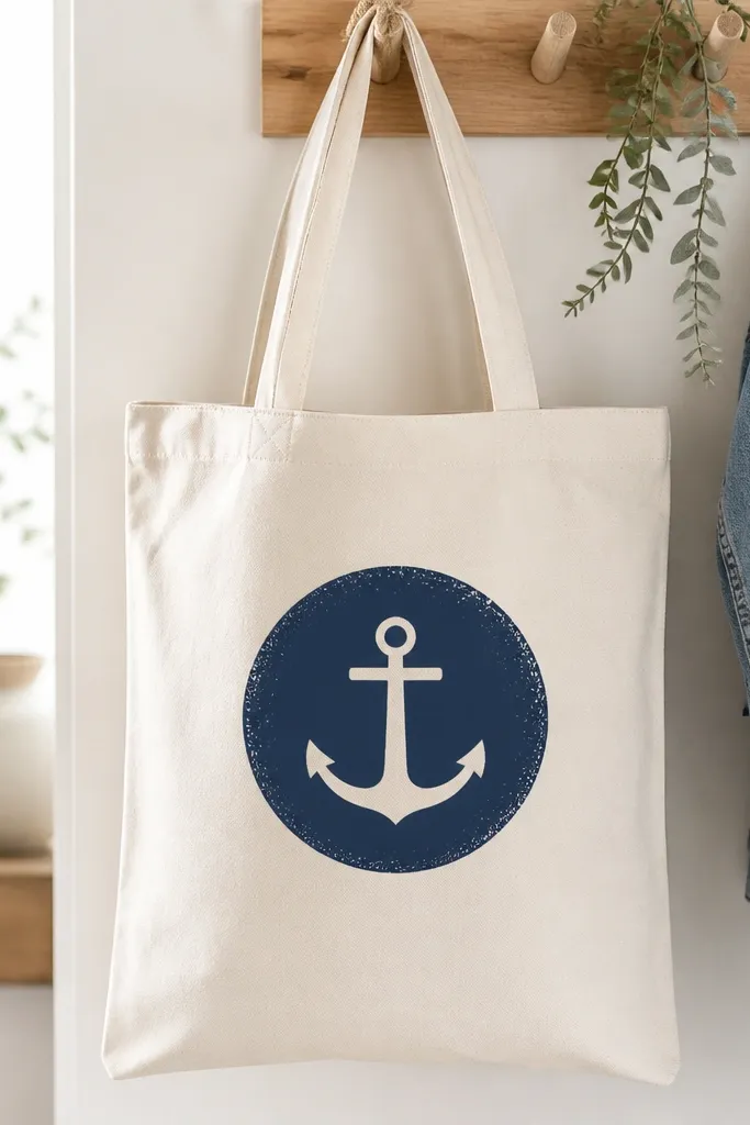 A tote with a centered circle in navy. Inside is a simple anchor icon, and the circle edge looks lightly distressed with tiny paint specks.
