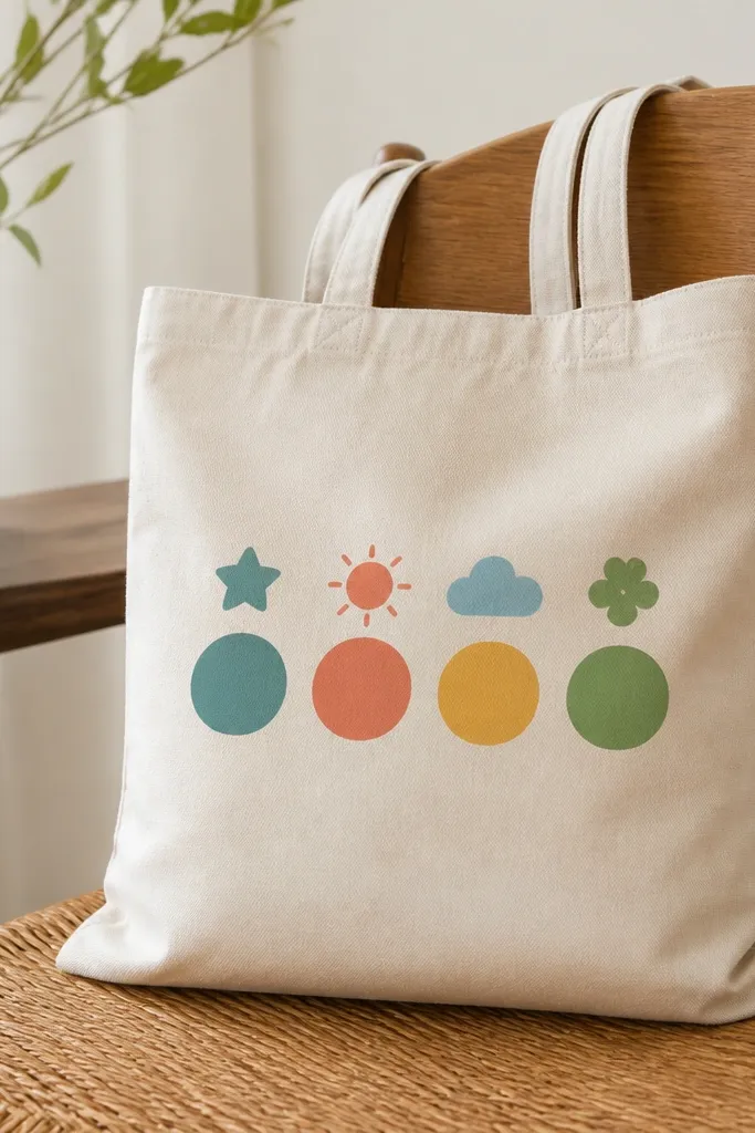 A tote with a horizontal row of four mini icons above colored letters. For example: a star icon over a teal letter, a sun icon over a coral letter, and a cloud icon over a yellow letter.