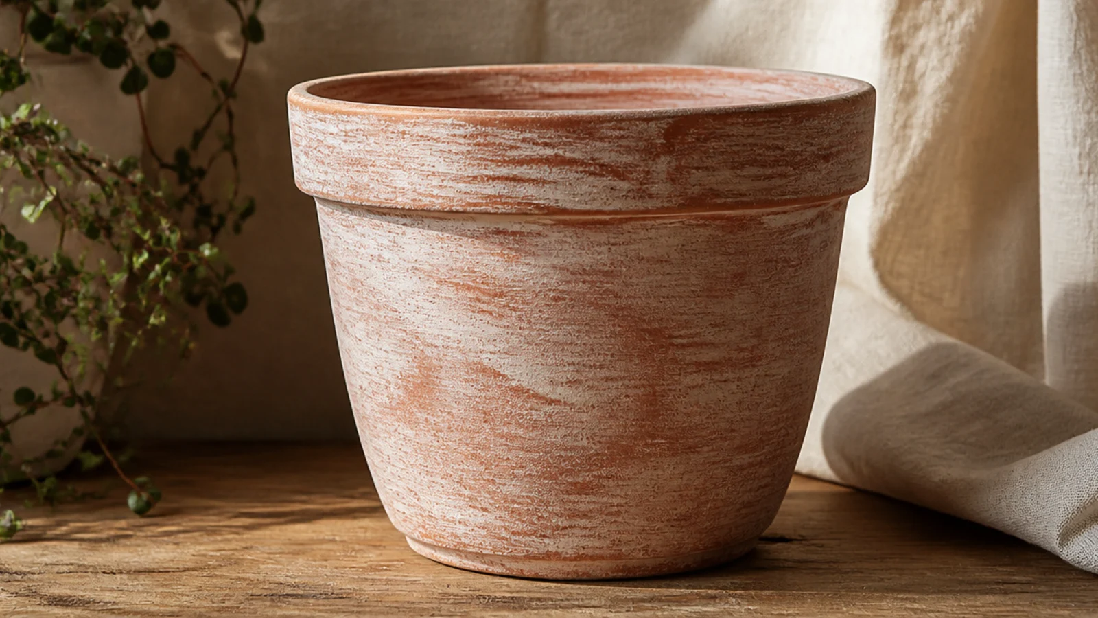 A terracotta pot brushed with a thin, sheer white wash that lets the warm clay tone and texture show through softly.