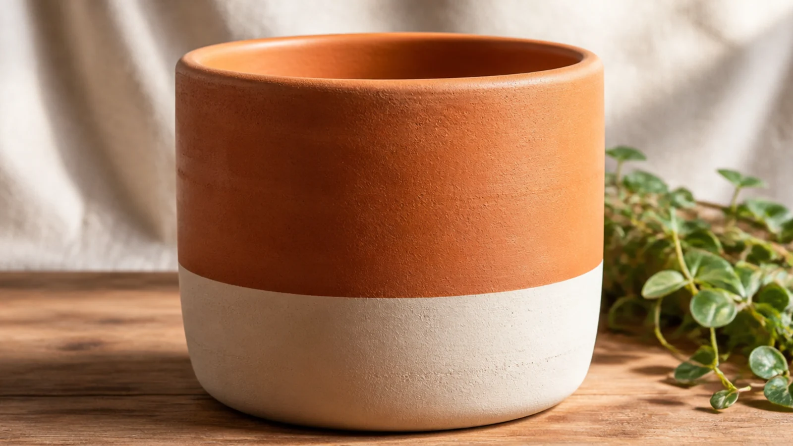 A terracotta pot with the bottom third painted matte cream in one clean level line, the top two-thirds left as bare warm clay.