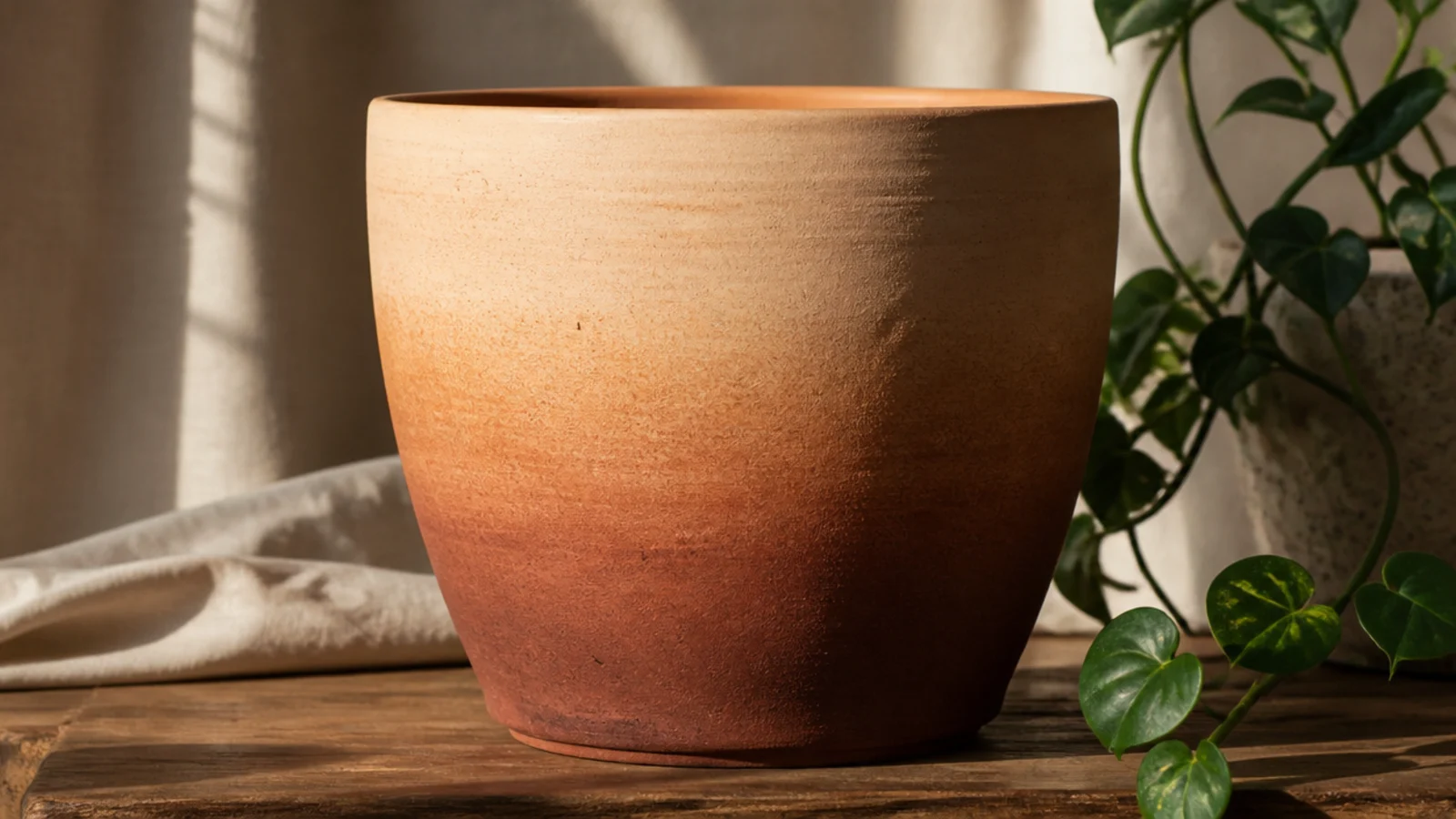 A terracotta pot with a soft ombre fade in warm earth tones, deep rust at the bottom melting up into the bare clay at the top.