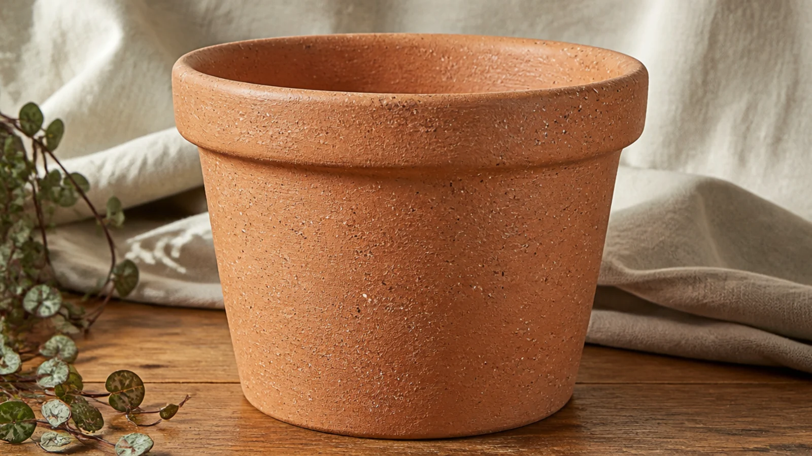 A bare terracotta pot flecked all over with fine, evenly scattered cream and dark brown speckles like handmade stoneware.