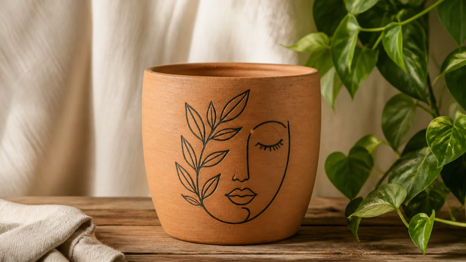 A bare terracotta pot with a single simple line-drawn face or leaf sketched in matte black on the front, clay left otherwise natural.