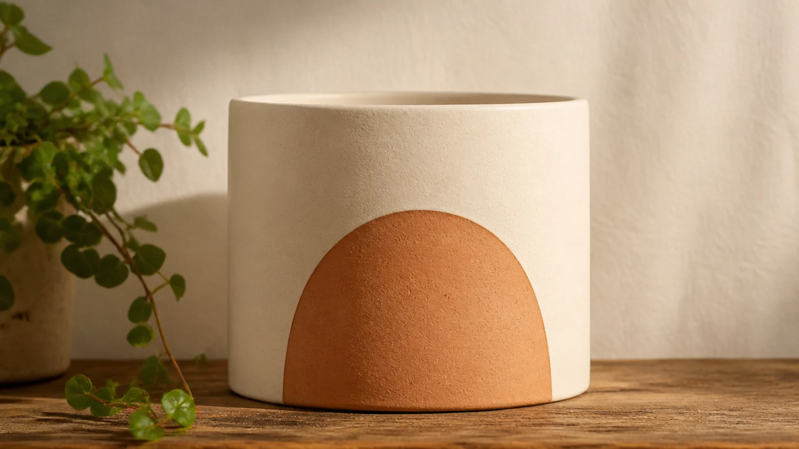A terracotta pot painted matte cream with a clean bare-clay half-moon arch left unpainted on the front as a window to the clay.
