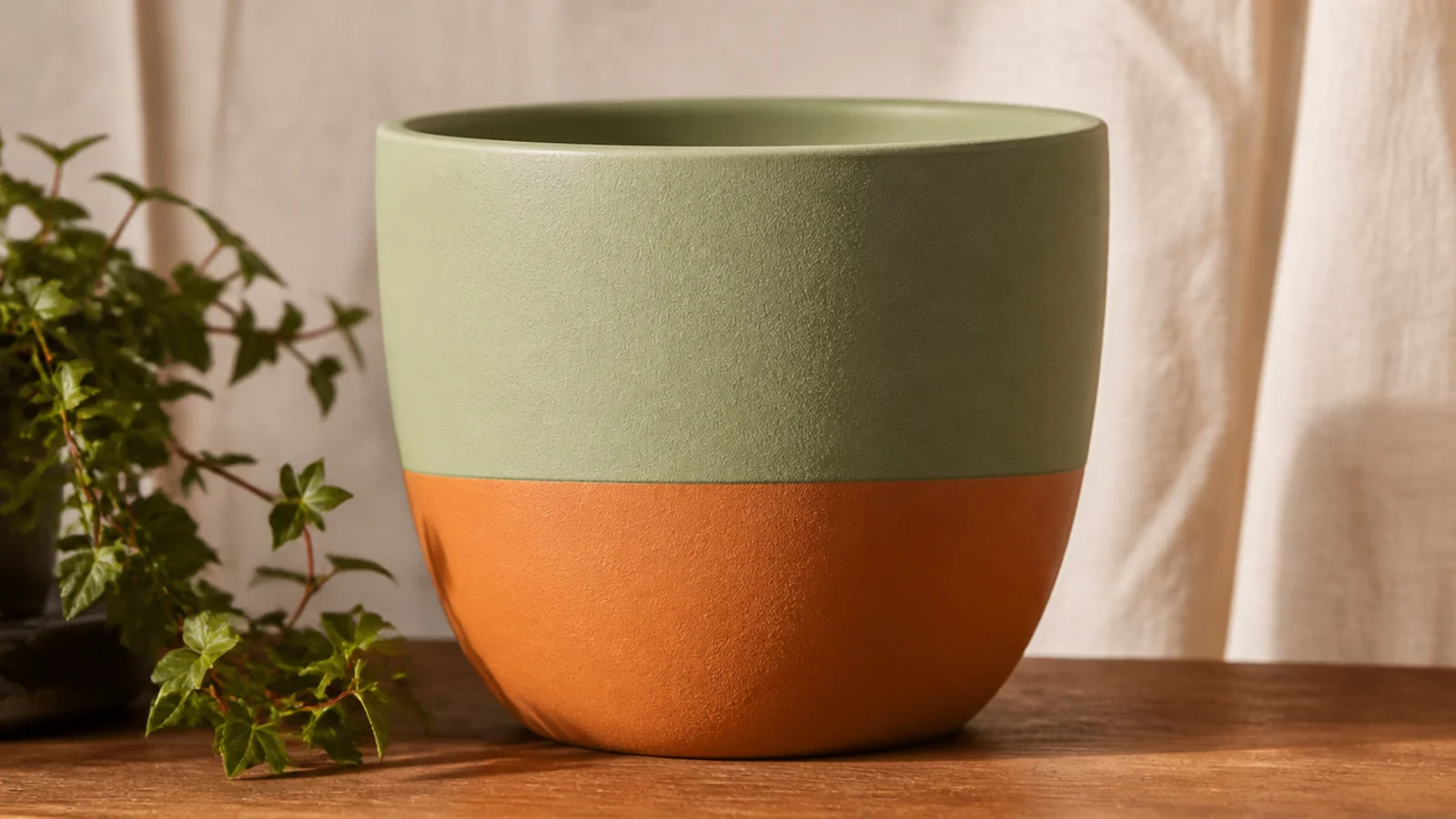 A terracotta pot split into two matte earthy colors, sage on top and ochre on the bottom, divided by one crisp straight line.