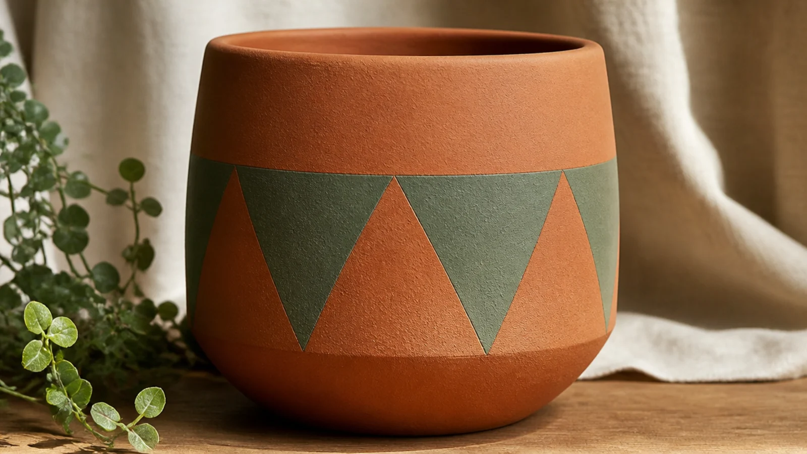 A terracotta pot with a band of alternating painted and bare-clay triangles around the middle in matte ochre and sage.