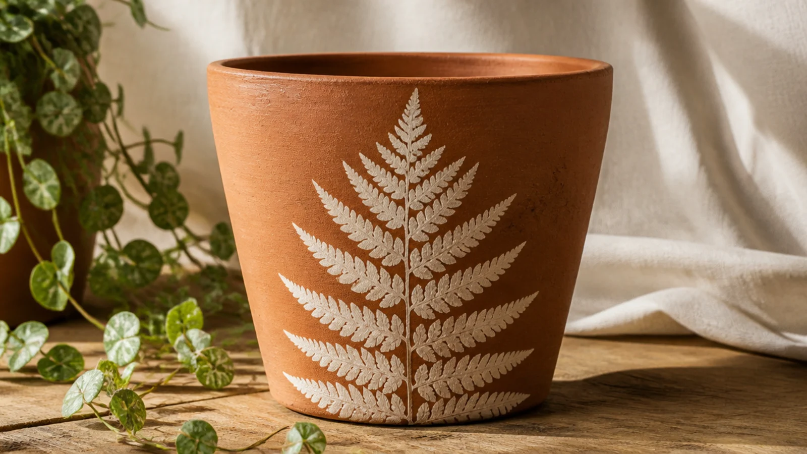 A terracotta pot with a soft cream leaf silhouette printed on the front using a real fern leaf, clay showing around it.
