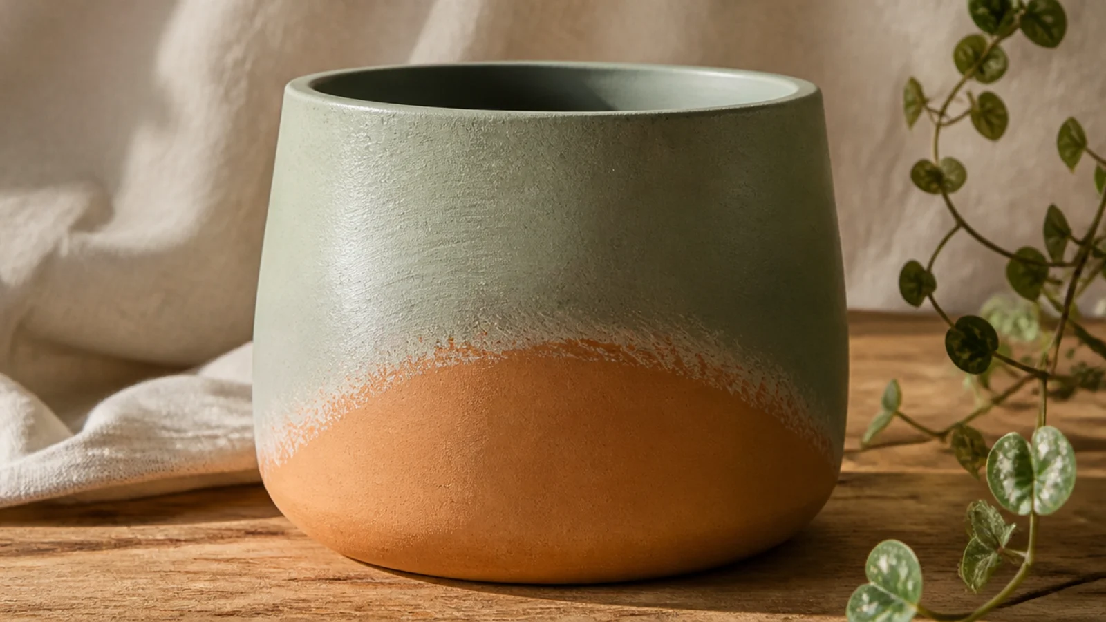 A terracotta pot with a soft sage color wash brushed only over the top half in an arch shape, fading into bare clay below.