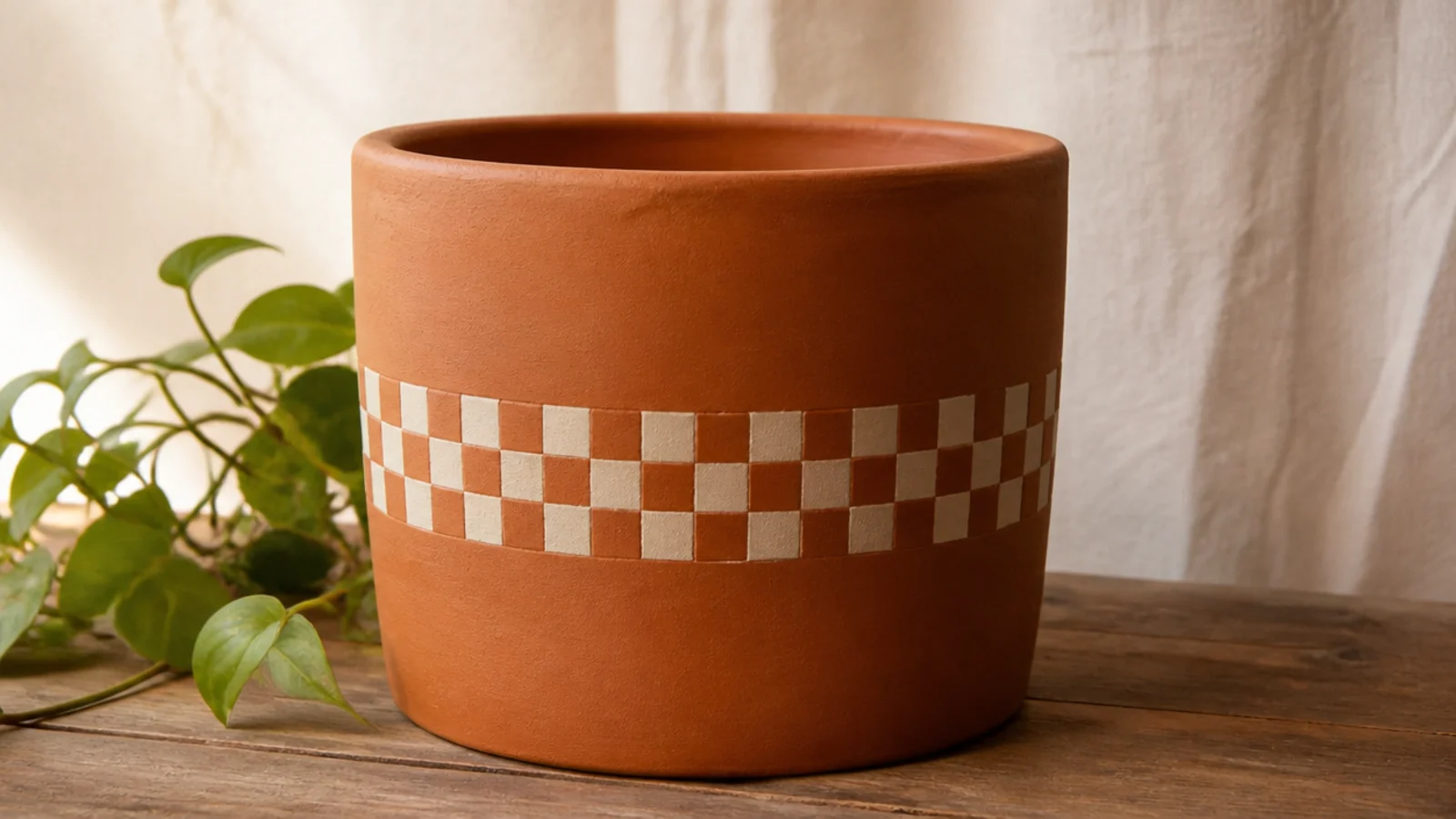 A terracotta pot with a single band of small matte cream-and-clay checkerboard squares around the middle, the rest bare.