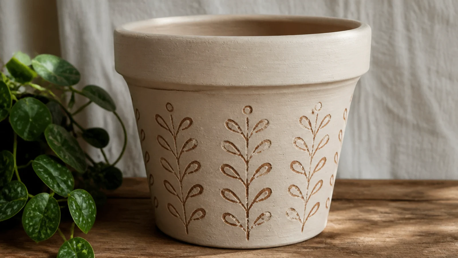 A terracotta pot painted matte cream with a simple pattern scratched back through the paint to reveal the clay beneath.