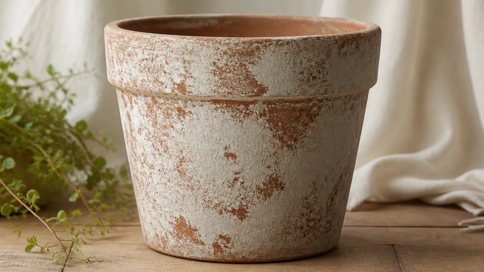 A terracotta pot with a cloudy, mottled pale limewash finish that looks weathered and old, clay tone breaking through in patches.