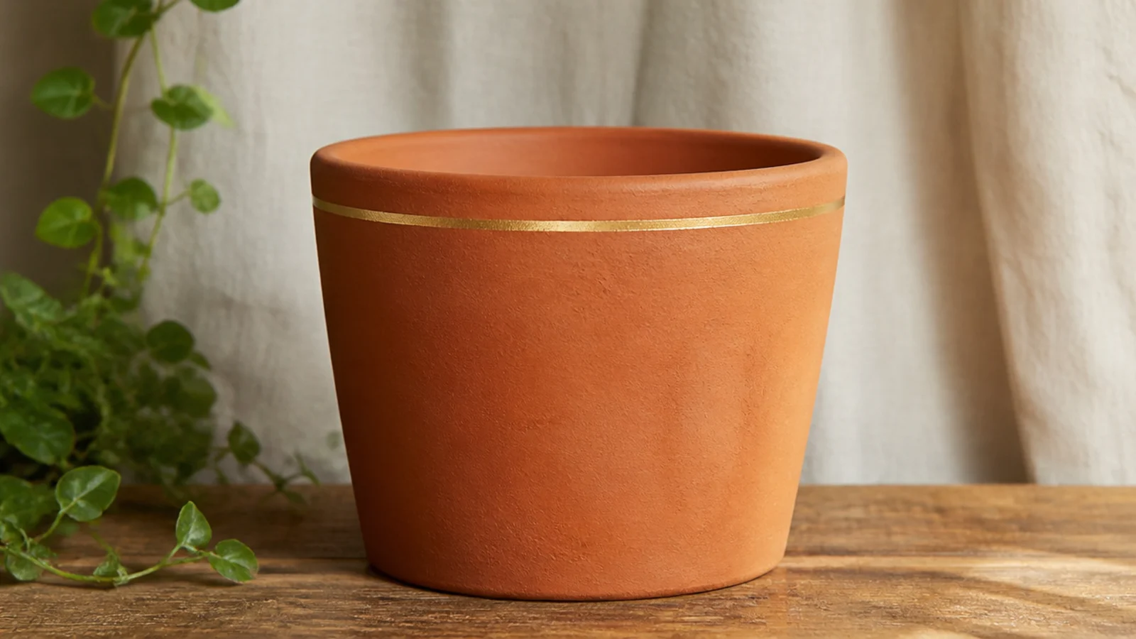 A bare terracotta pot with a single thin matte-gold line drawn around the top rim edge, the clay otherwise completely natural.