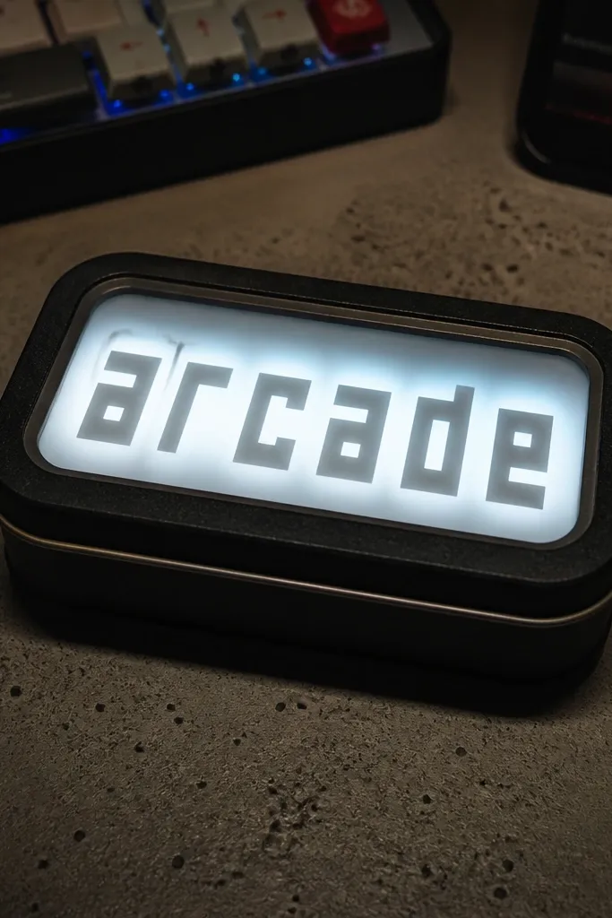 Inner tin lid with a bright neon word and small LEDs behind frosted plastic