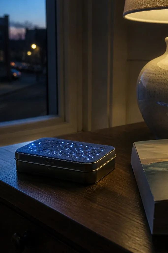 Dark felt tin lid with tiny pinprick LEDs forming constellations