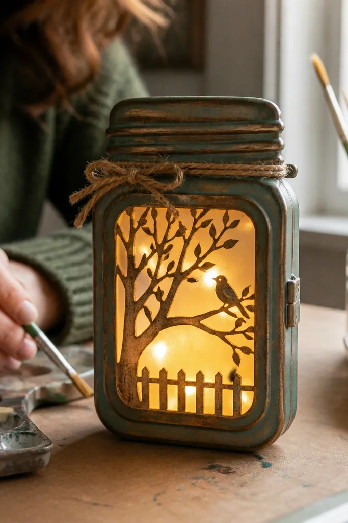Tin lid shaped like a lantern with a warm glow behind frosted window