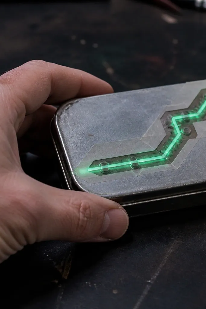 Circuit pattern on lid with green LEDs glowing along traced lines