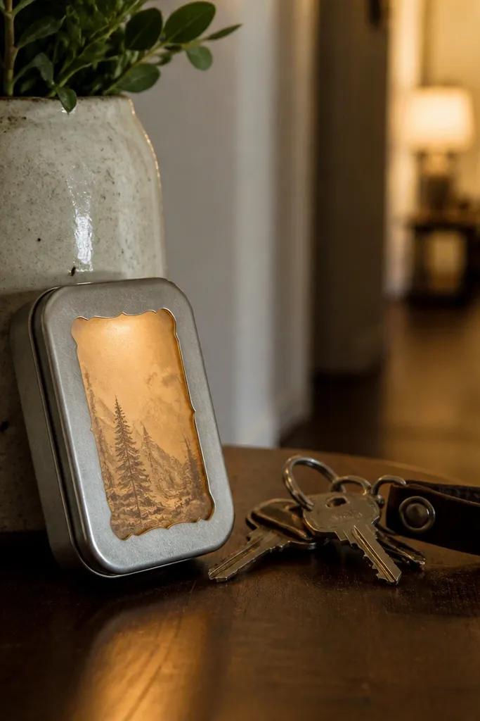 Tin lid with a framed window and soft warm light behind a frosted panel