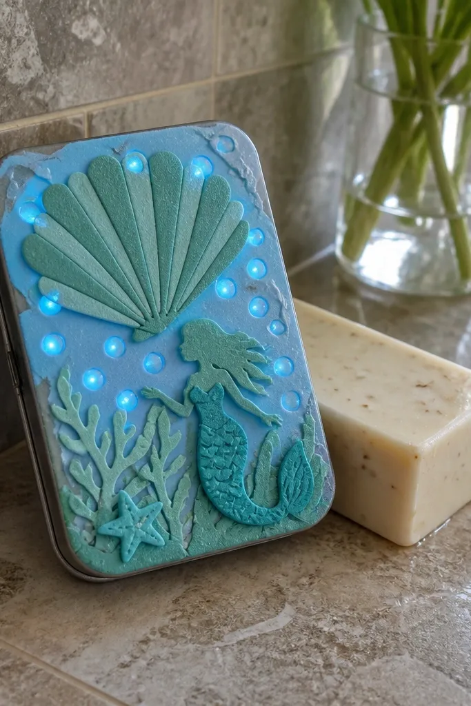 Shell-shaped lid with blue glow through bubble dots