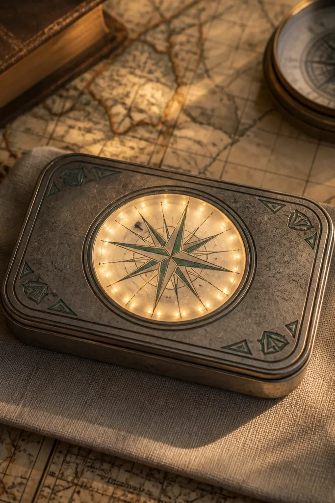 Antique compass pattern on lid with warm light behind a circular center