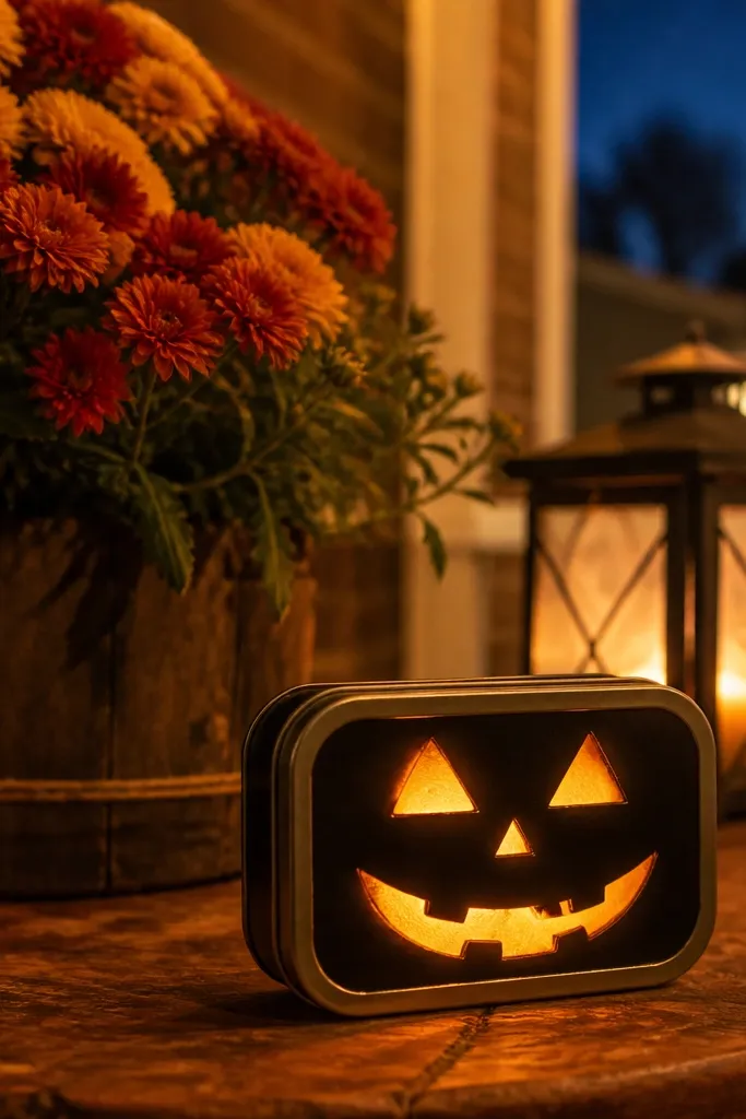 Orange pumpkin face on lid with warm orange LED glow through cut eyes and mouth