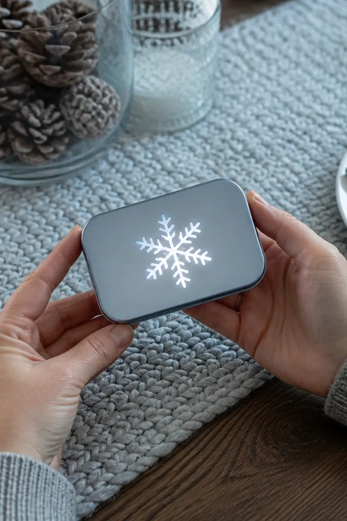 Snowflake cutout with cool white light shining through a frosted panel