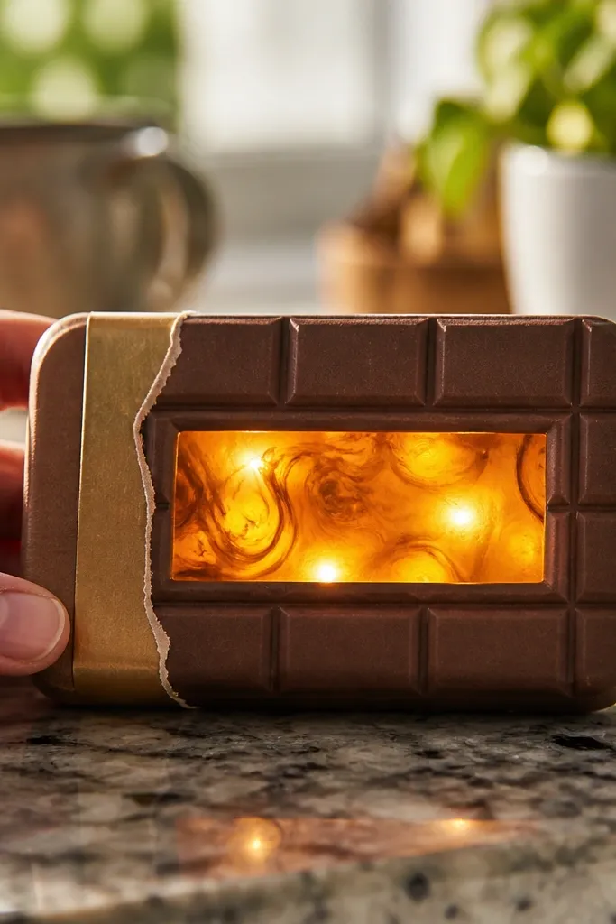 Brown faux chocolate wrapper with warm amber glow window