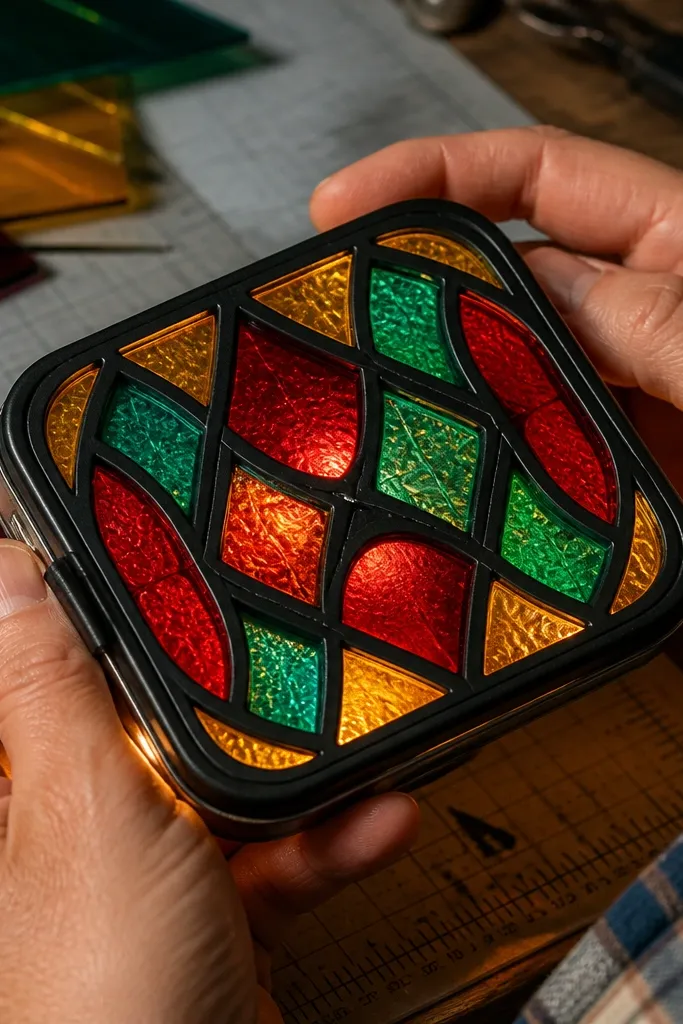 Colorful stained glass shapes on lid with warm light behind frosted panel