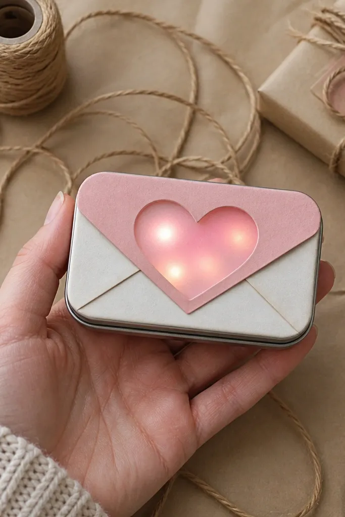 Pink heart window with warm LED glow inside a cute envelope-style lid