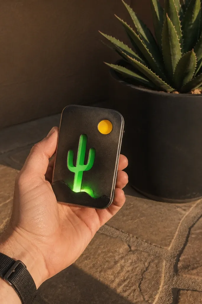 Cactus silhouette on lid with green LEDs glowing through cut cheeks