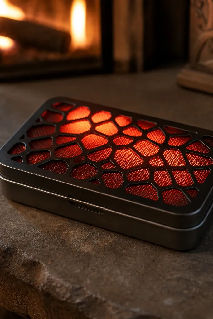 Faux fireplace grate on lid with orange ember glow through small cut shapes