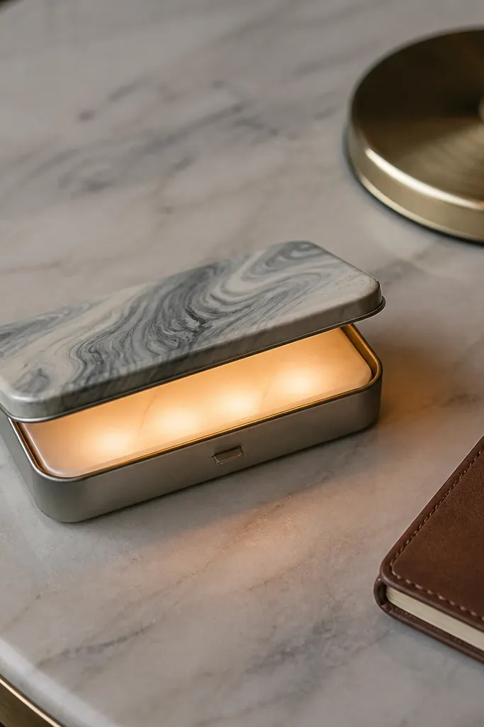 White and gray marble pattern with a soft backlit panel on lid