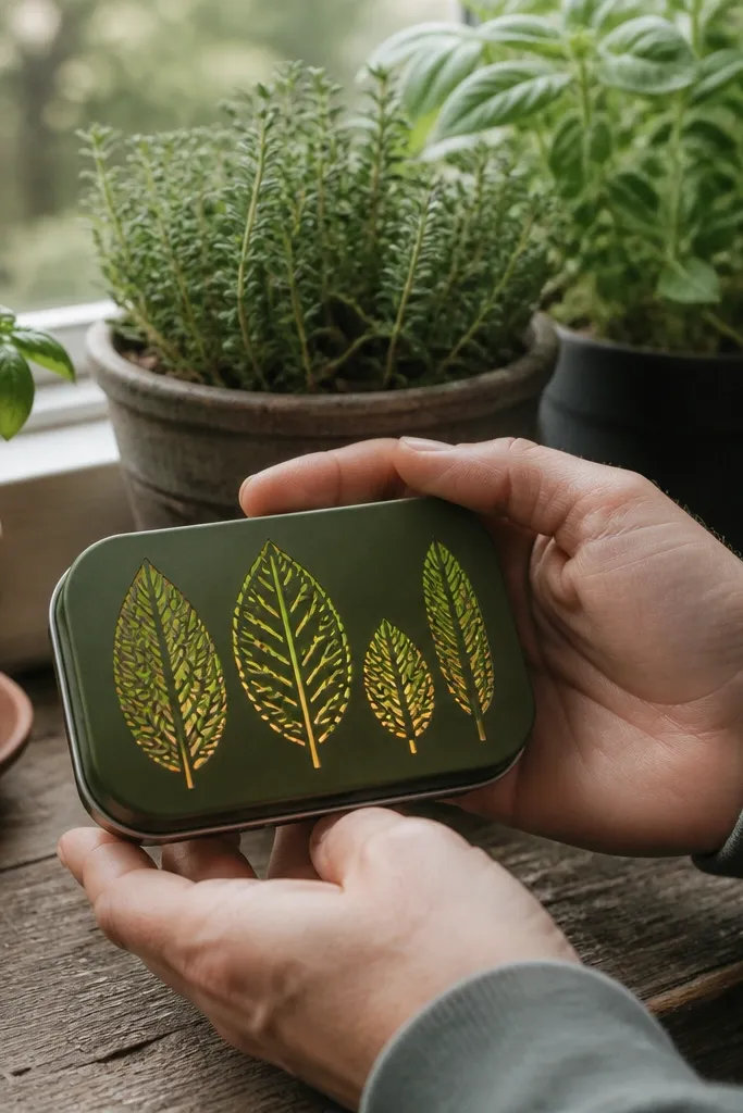 Leaf cutouts with soft green backlight behind frosted panel