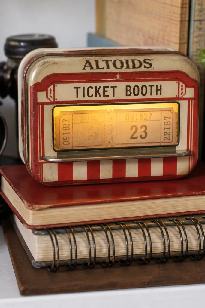 Ticket strip graphic with warm backlit glow panel and tiny switch