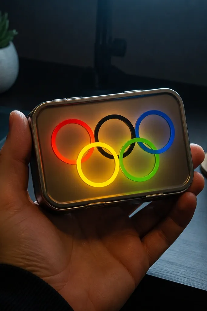 Five colored ring shapes on lid with bright backlit glow through a frosted panel