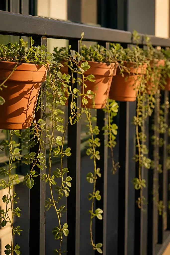 Black balcony railing with terracotta planters and trailing plants