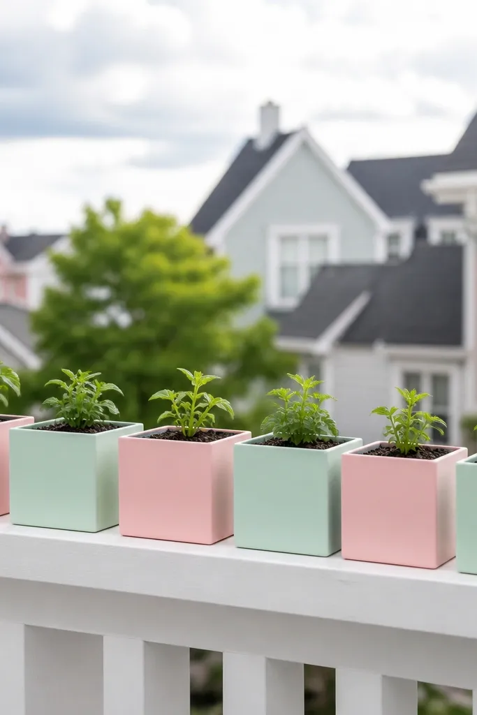 White balcony railing with pastel cube planters and small plants